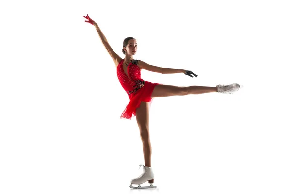 Girl figure skating isolated on white studio backgound with copyspace — Stock Photo, Image