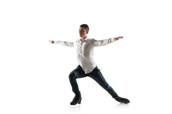Man figure skating isolated on white studio backgound with copyspace — Stock Photo, Image