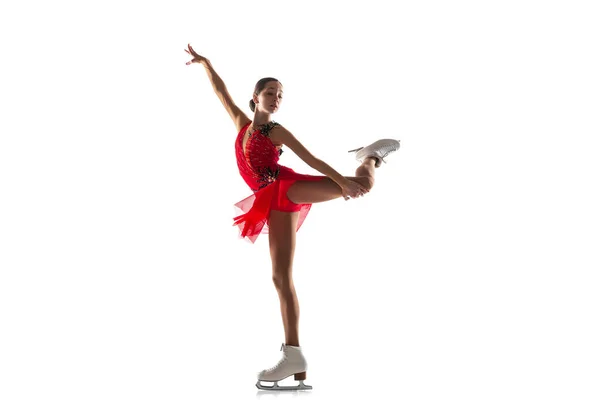 Girl figure skating isolated on white studio backgound with copyspace — Stock Photo, Image