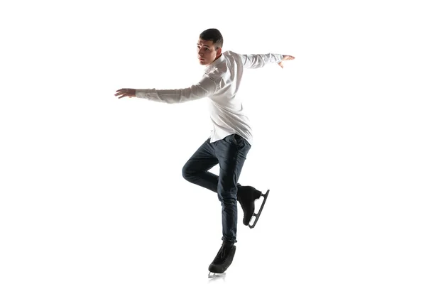 Homem figura patinação isolada no estúdio branco backgound com copyspace — Fotografia de Stock