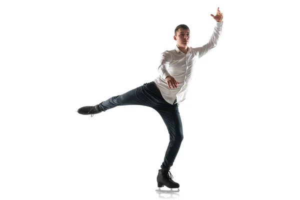 Man figure skating isolated on white studio backgound with copyspace — Stock Photo, Image