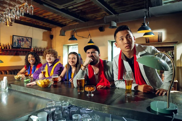 Les fans de sport applaudissent au bar, pub et boire de la bière pendant le championnat, la compétition va — Photo