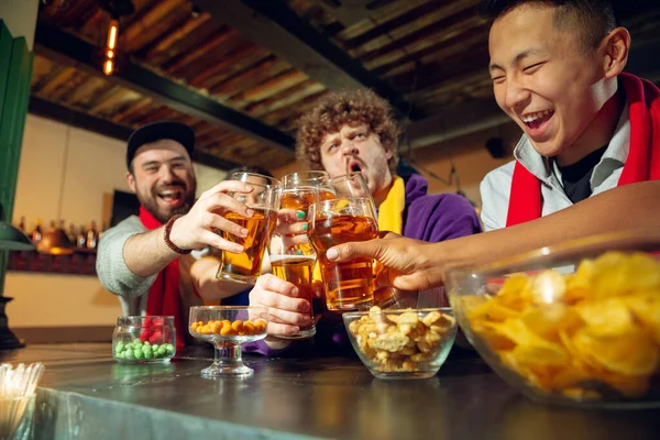 Sport fans cheering at bar, pub and drinking beer while championship, competition is going