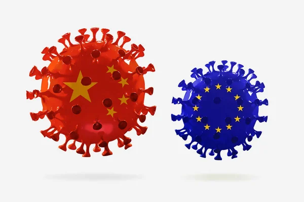 Model van COVID-19 coronavirus gekleurd in nationale China en EU vlaggen, concept van pandemische verspreiding — Stockfoto