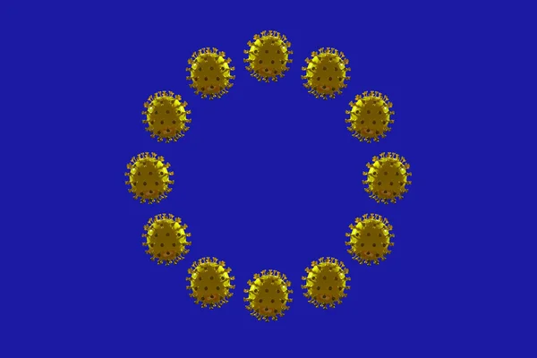 COVID-19コロナウイルスのモデルで作られたヨーロッパの旗、パンデミック拡散の概念 — ストック写真