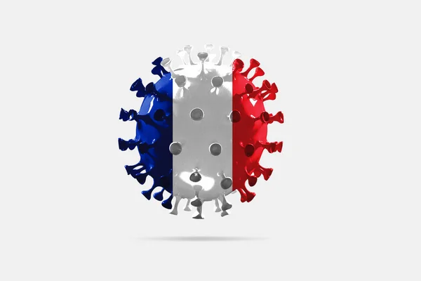Model of COVID-19 coronavirus colored in national France flag, concept of pandemic spreading — стокове фото