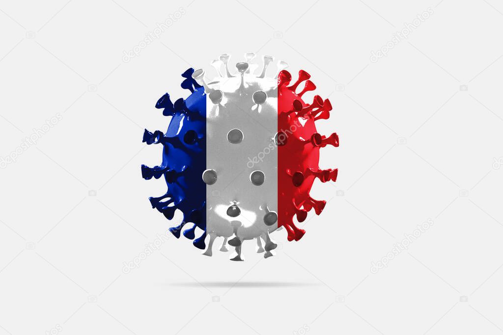 Model of COVID-19 coronavirus colored in national France flag, concept of pandemic spreading