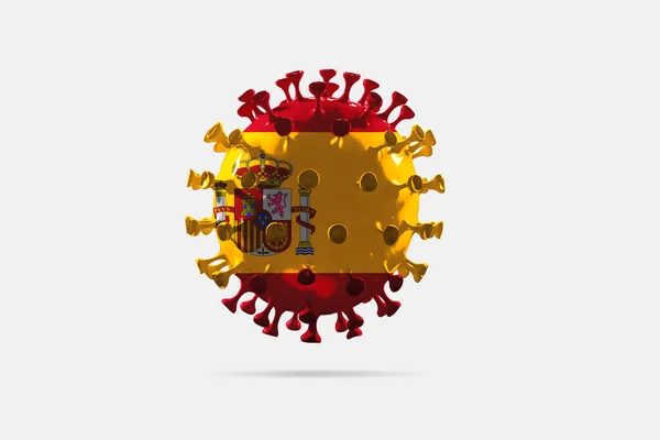 Model of COVID-19 coronavirus colored in national Spain flag, concept of pandemic spreading — стокове фото