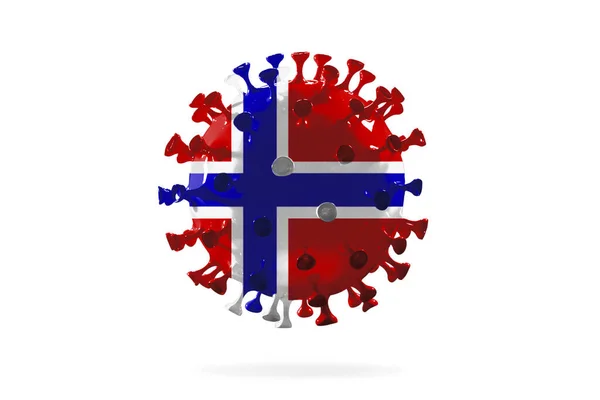 Modelo de coronavírus COVID-19 colorido na bandeira nacional da Noruega, conceito de propagação da pandemia — Fotografia de Stock