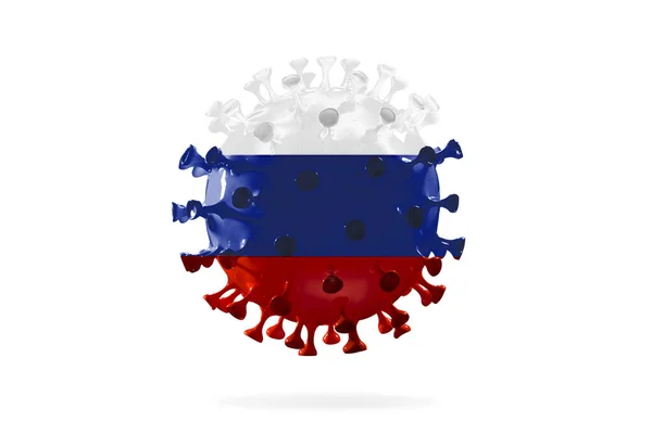 Modelo de COVID-19 coronavirus coloreado en bandera nacional de Rusia, concepto de propagación pandémica — Foto de Stock