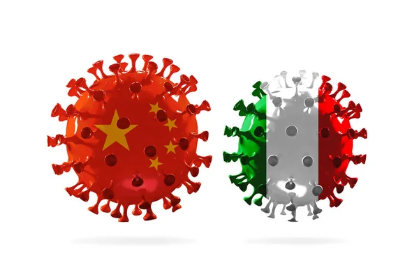 Model van COVID-19 coronavirus gekleurd in nationale vlag van China en Italië, concept van pandemische verspreiding — Stockfoto