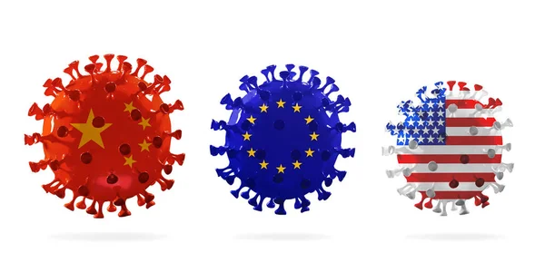 Model van COVID-19 coronavirus gekleurd in nationale vlag van China, de EU en de VS, concept van pandemische verspreiding — Stockfoto