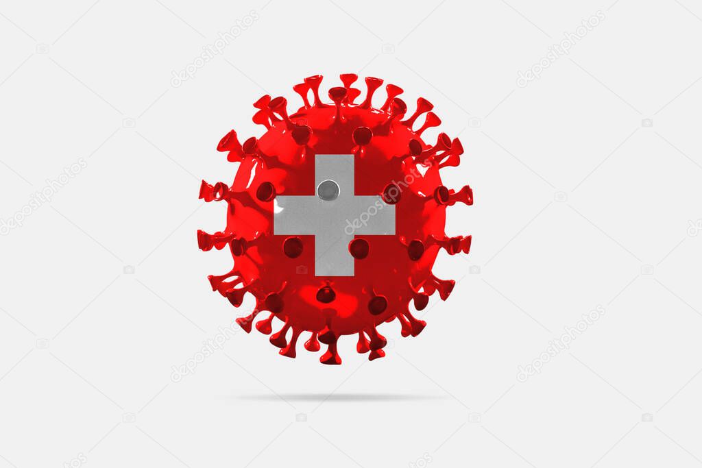 Model of COVID-19 coronavirus colored in national Switzerland flag, concept of pandemic spreading