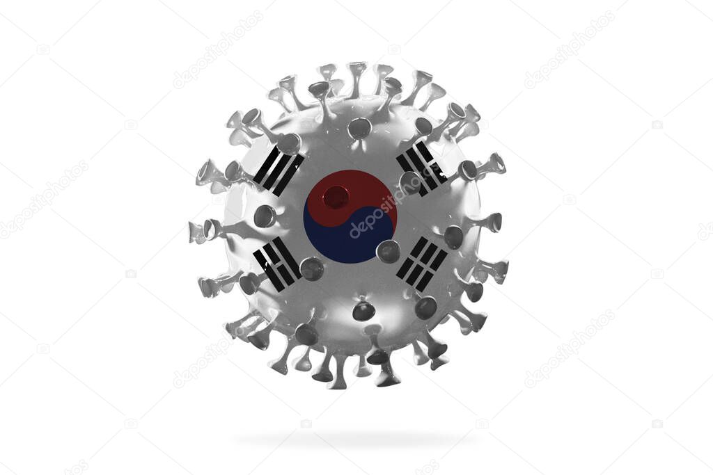 Model of COVID-19 coronavirus colored in national South Korea flag, concept of pandemic spreading