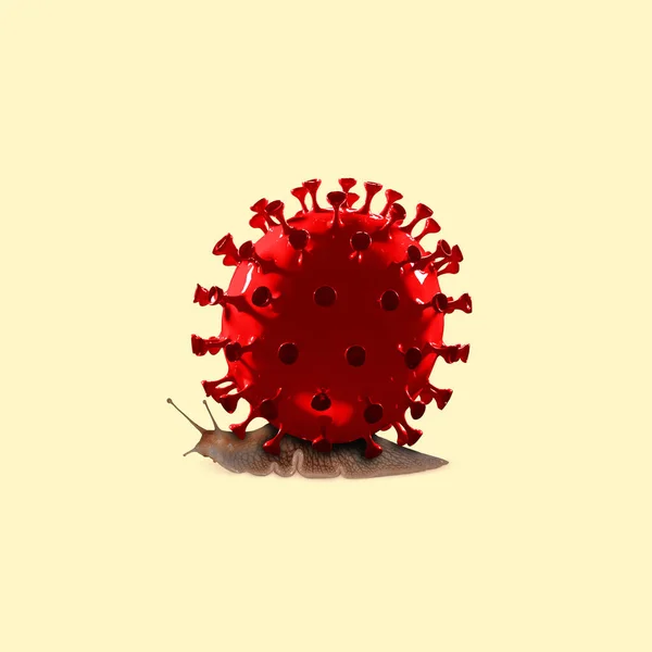 Σαλιγκάρι κατασκευασμένο από μοντέλα COVID-19 coronavirus, έννοια της εξάπλωσης πανδημίας — Φωτογραφία Αρχείου