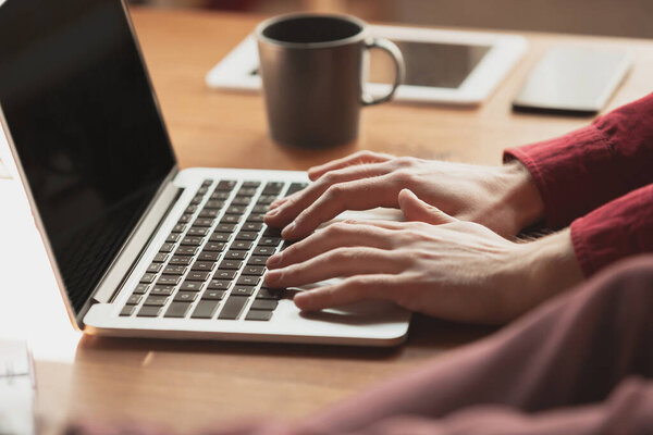 Caucasian entrepreneur, businessman, manager working in office, close up