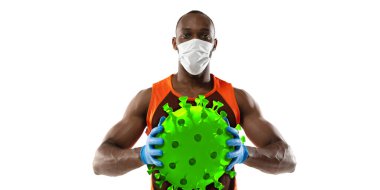 Sporcu tekmeliyor, Coronavirus yumrukluyor, koruma ve tedavi konsepti, broşür