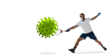 Sporcu tekmeliyor, Coronavirus yumrukluyor, koruma ve tedavi konsepti, broşür