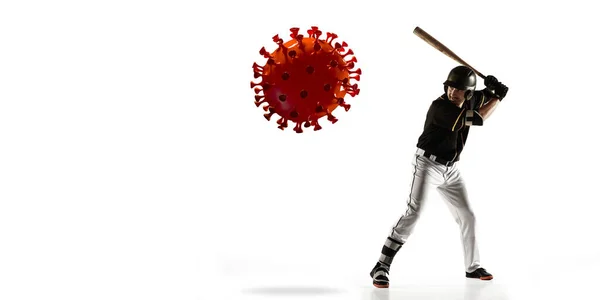 Sportsman kopanie, wykrawanie koronawirusa, koncepcja ochrony i leczenia, ulotka — Zdjęcie stockowe