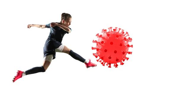 Sportlerin kickt, schlägt Coronavirus, Schutz- und Behandlungskonzept, Flyer — Stockfoto