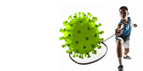 Человек пинает, колотит коронавирус, концепция защиты и лечения, листовка — стоковое фото