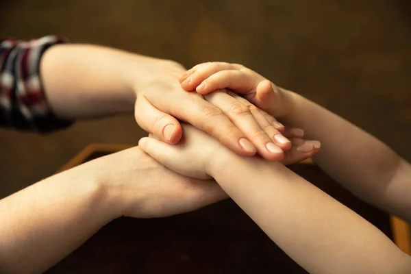 Close up of female and kids hands doing things together, family, home concept — Stock Photo, Image