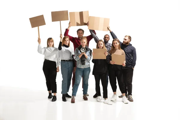 Emotional multicultural group of people screaming while holding blank placards on white — Stock Photo, Image