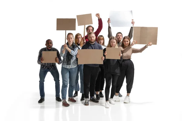 Emotional multicultural group of people screaming while holding blank placards on white — Stock Photo, Image