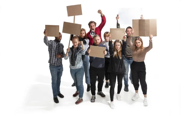 stock image Emotional multicultural group of people screaming while holding blank placards on white