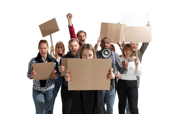 Emotional multicultural group of people screaming while holding blank placards on white — Stock Photo, Image