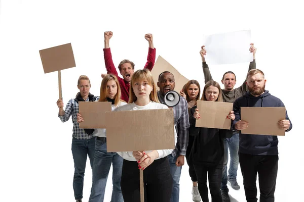 Emotional multicultural group of people screaming while holding blank placards on white — Stock Photo, Image