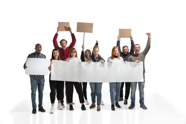 Emotional multicultural group of people screaming while holding blank placards on white — Stock Photo, Image