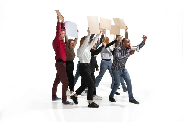 Emotional multicultural group of people screaming while holding blank placards on white — Stock Photo, Image