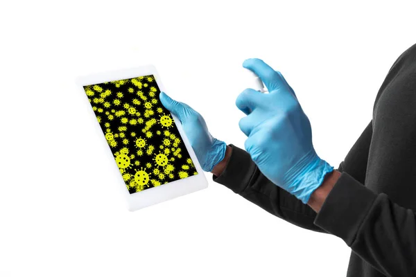 Virus sur les surfaces, comprimé que vous contactez tous les jours concept de propagation du virus, désinfection — Photo