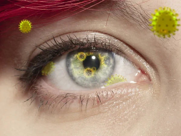 Tiro de perto de um olho feminino com modelos de coronavírus ilustrados em 3D, a maneira de infectar — Fotografia de Stock
