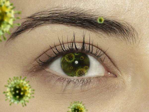 Närbild fotografering av ett kvinnligt öga med 3D-illustrerade coronavirus modeller, sättet att infektera — Stockfoto
