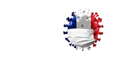 3 boyutlu COVID-19 Coronavirüs resmi ulusal Fransa bayrağında yüz maskesi ile renklendirildi, salgın hastalık yayılma kavramı