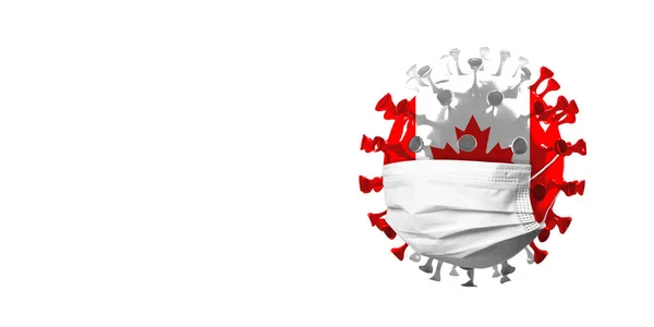 3D-απεικόνιση του COVID-19 coronavirus χρωματισμένο στην εθνική σημαία του Καναδά σε μάσκα προσώπου, έννοια της πανδημίας εξάπλωση — Φωτογραφία Αρχείου