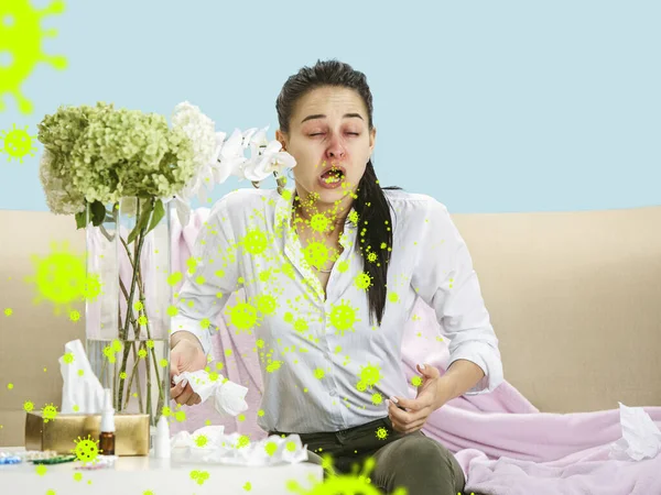 Caucasian woman sneezing, illustration of virus spreading, stop epidemic of coronavirus — Stock Photo, Image