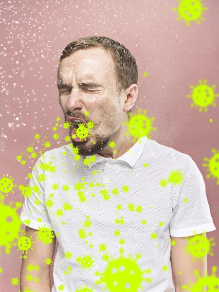 Fehér férfi tüsszentés, a vírus terjedésének illusztrációja, a koronavírus járvány megállítása — Stock Fotó