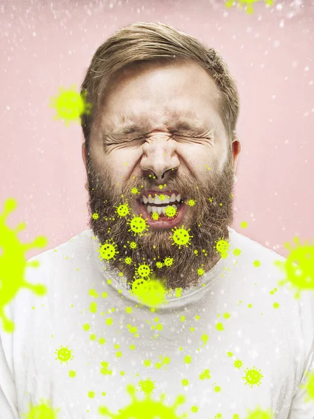 Hombre caucásico estornudos, ilustración de la propagación del virus, detener la epidemia de coronavirus — Foto de Stock