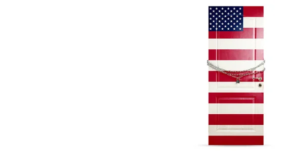 Deur gekleurd in USA vlag, vergrendeling met ketting. Afsluiting van landen tijdens het coronavirus, verspreiding van COVID — Stockfoto