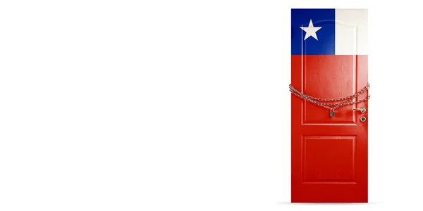 Door colored in Chile flag, locking with chain. Countries lockdown during coronavirus, COVID spreading