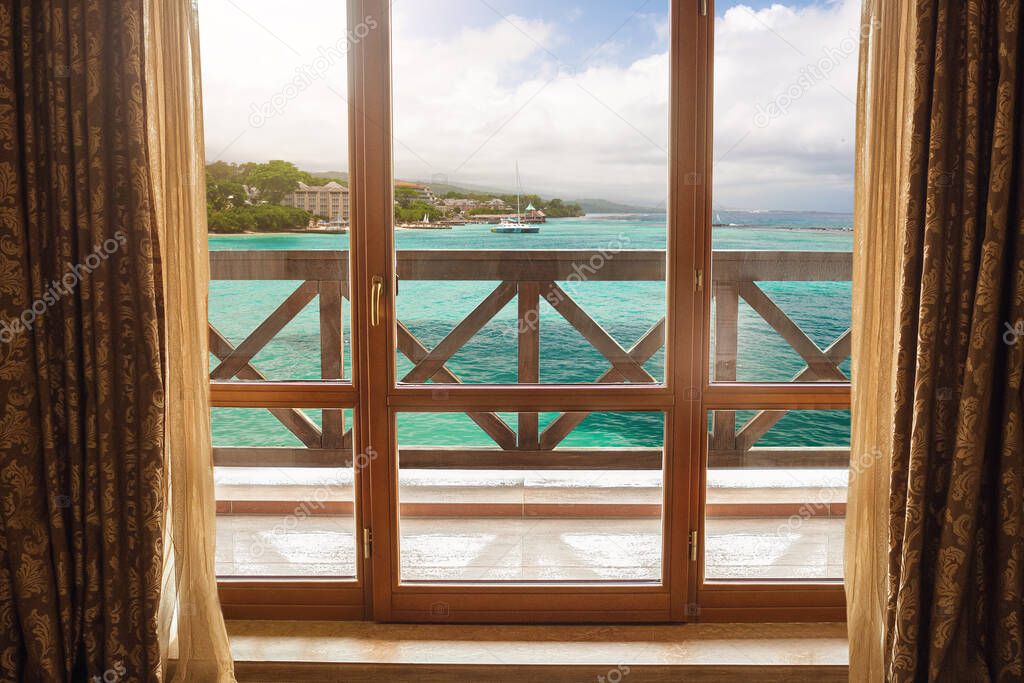 Closed window and beautiful picture outside, nature view, resort and resting