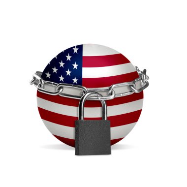 Amerikan bayrağıyla renklendirilmiş gezegen, zincirle kilitleniyor. Koronavirüs sırasında kilitlenen ülkeler, COVID yayılıyor