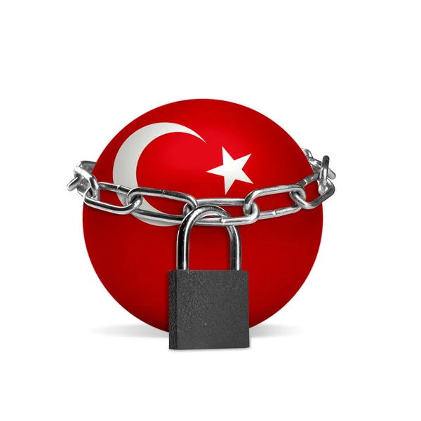 Planet gefärbt in der Türkei Flagge, Verriegelung mit Kette. Länder während Coronavirus gesperrt, COVID verbreitet — Stockfoto