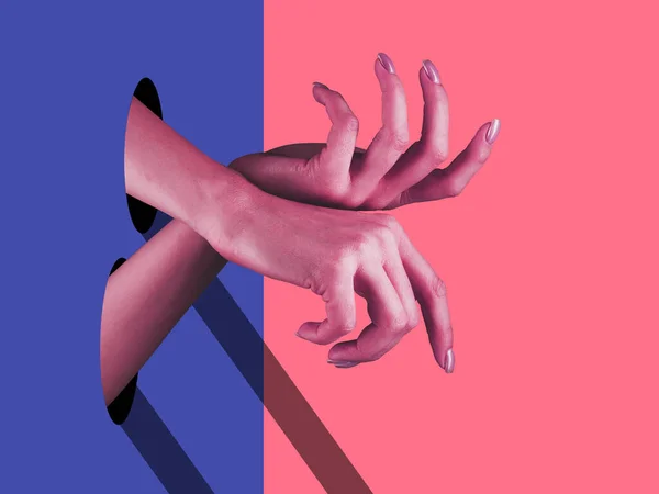 Strahlend bemalte Hände, die sich mit den Fingern berühren. Collage zeitgenössischer Kunst. — Stockfoto
