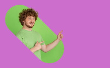 Geometrik tarzda, modern tasarımla, sanat eserleriyle parlak iki renkli arka planda genç bir adamın portresi