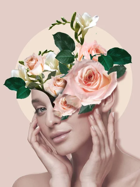 Porträtt av vacker ung kvinna med modern blommig design, inspirationskonst. Mode, skönhet koncept. — Stockfoto