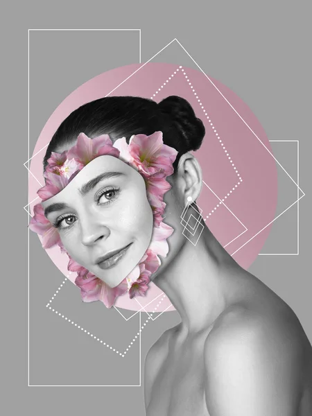 Portrét krásné mladé ženy s moderním květinovým designem, inspirativní umělecké dílo. Móda, koncept krásy. — Stock fotografie